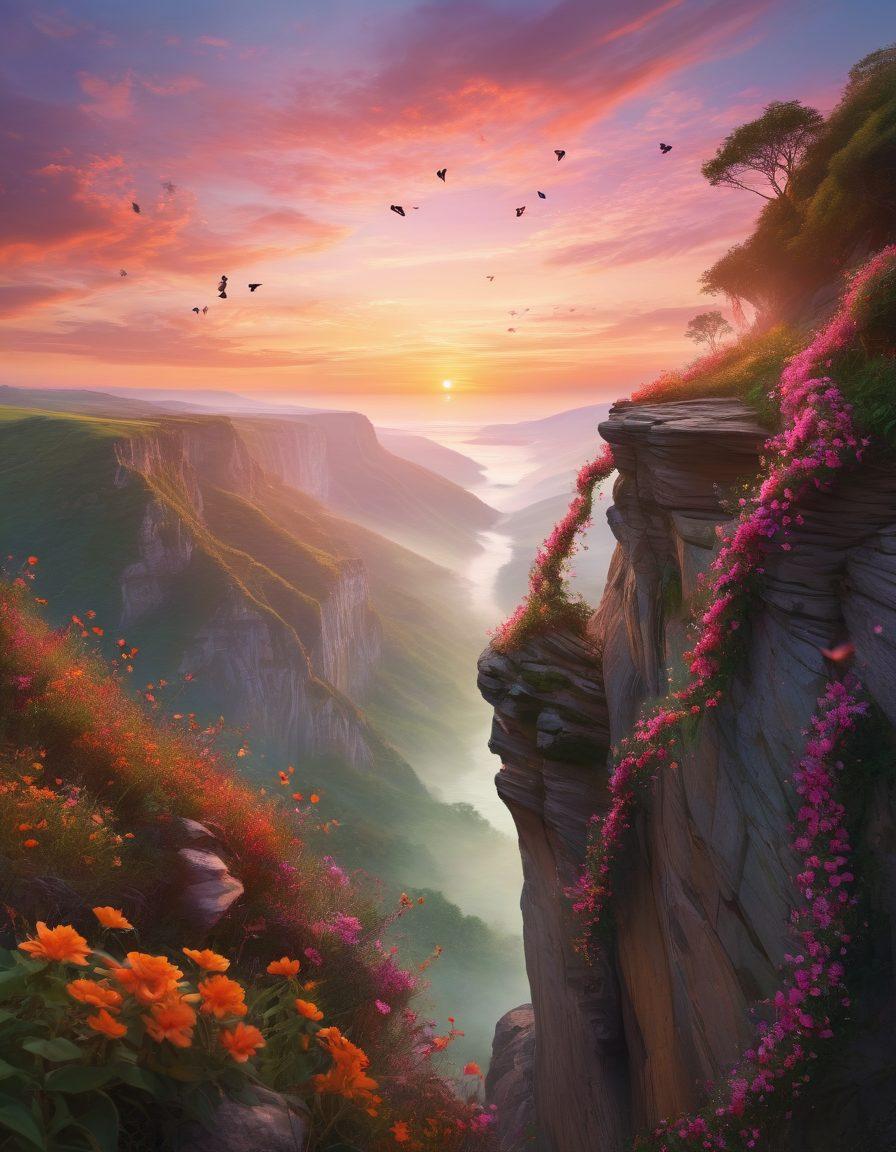 A vibrant scene depicting a person standing at the edge of a cliff, looking at a vast sunrise over the horizon, symbolizing personal growth and new beginnings. Surround the individual with flowing ribbons of colorful creativity that twist and swirl around them, representing ideas and expressions. Incorporate elements like blooming flowers and butterflies to emphasize transformation and growth. Use warm oranges, pinks, and greens to create an uplifting atmosphere. super-realistic. vibrant colors. dreamy background.